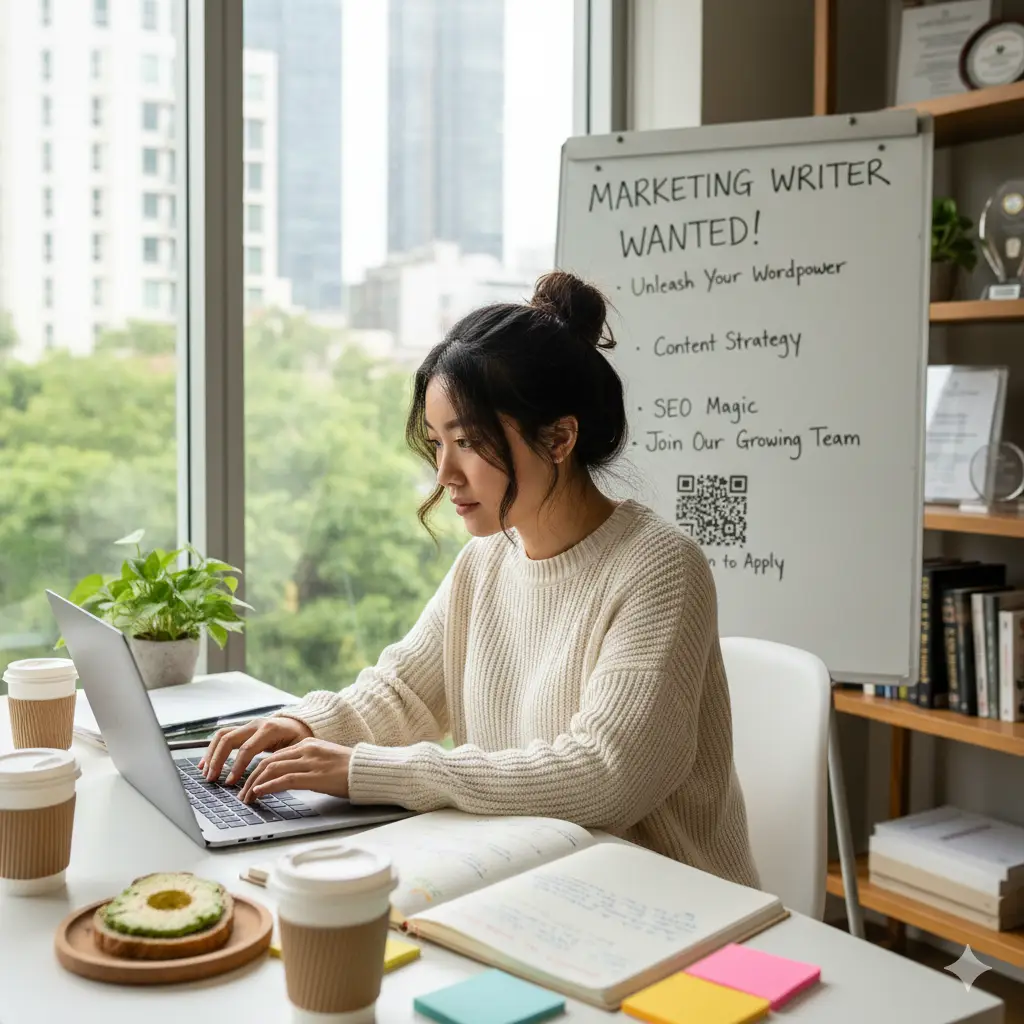 女性がオフィスで文章を書いている